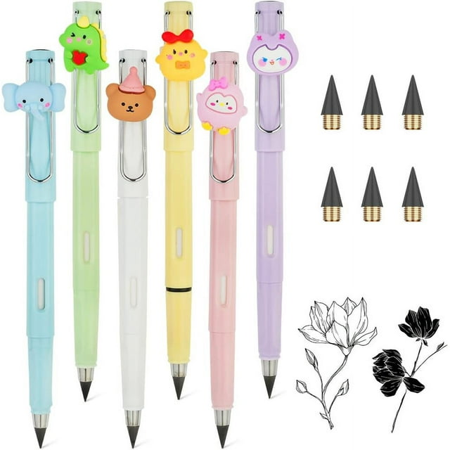 LAICAIW 6 Pcs Crayon Éternel, Crayon Infini avec Animal de Dessin Animé, Crayon Portable Réutilisable Effaçable Sans Encre et 6 Pcs Pointe de Rechange pour Écrire, Dessiner, Fournitures Scolaires Maison Bureau Étudiants