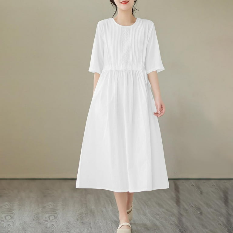 Efsteb Cotton Linen Dresses for Women Short Sleeve Summer Midi Dress with Pockets Casual Crew Neck Pleated Front Drawstring Tie Waist Vacation Dresses (White,L) - Walmart.com Efsteb Cotton Linen Dresses for Women Short Sleeve Summer Midi Dress with Pockets Casual Crew Neck Pleated Front Drawstring Tie Waist Vacation Dresses (White,L) - Walmart.com