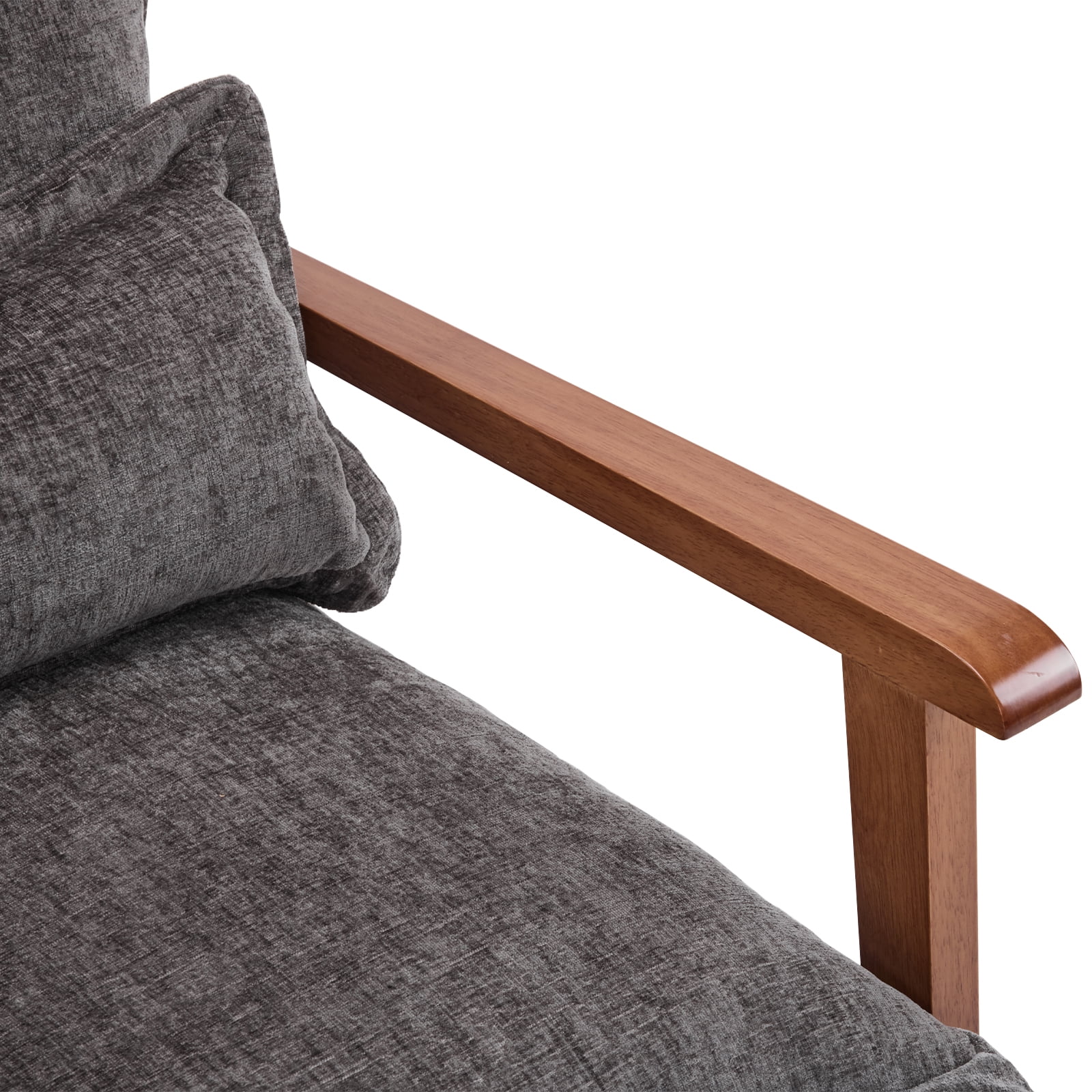 Cloud Shaped Dark Grey Chenille Accent Chair, Solid Wood Frame with Walnut Armrest, Ergonomic Single Leisure Sofa Chair with Lumbar Pillow for Bedroom Living Room Office