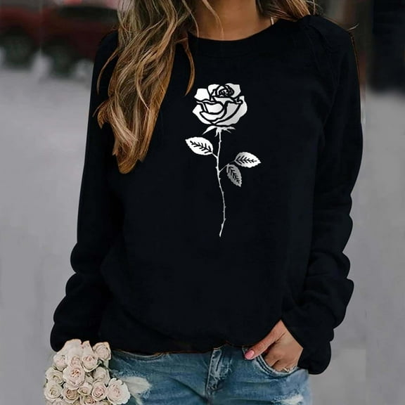 Dyfzdhu Crew Neck Sweatshirt for Women Loose Long Sleeve Pullover Tops Casual Rose Graphic Workout Shirts, Black L