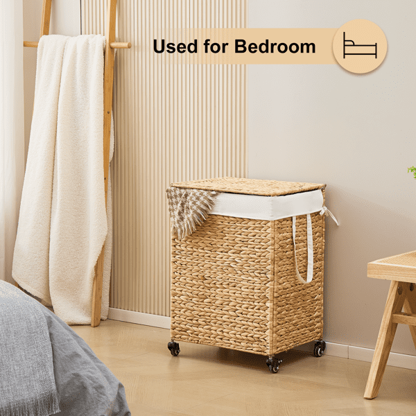 100L 2-Section Laundry Hamper with Lid and Wheels, Woven Natural Water Hyacinth Rolling Laundry Hamper