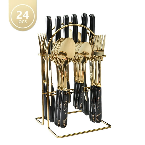 ACDANC 24-Piece Stainless Steel Cutlery Set with Elegant Marble Ceramic Handles - Main Dinner Knife, Fork, Spoon, Teaspoon - Luxury Gift Set (Black)