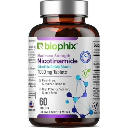 biophix B-3 Nicotinamide 1000 mg 60 Tablets Extra Strength Timed Release - Nicotinic Amide Niacin Natural Flush-Free Vitamin Formula - Supports Skin Cell Health
