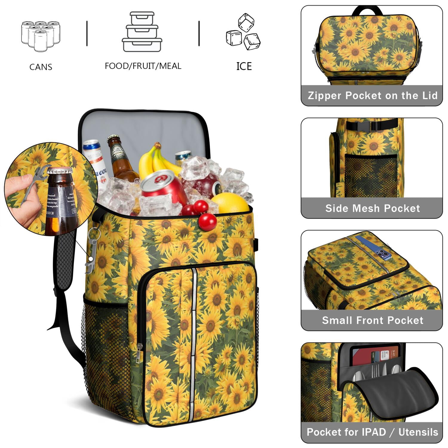 Travel Cooler Bag - Sunflower Camping Beer Cooler Backpack with Bottle Opener- Waterproof Insulated Picnic Backpacks - Cooler Bag for Beach