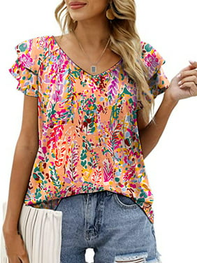 Mengpipi Womens Tops 2023 Summer Double Ruffle Short Sleeve V-Neck Casual Blouses, Colorful Leaves-L(US 12-14)