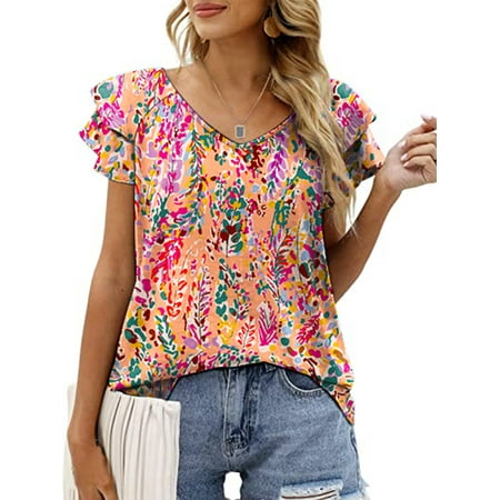 Mengpipi Womens Tops 2023 Summer Double Ruffle Short Sleeve V-Neck Casual Blouses, Colorful Leaves-XXL(US 20-22)