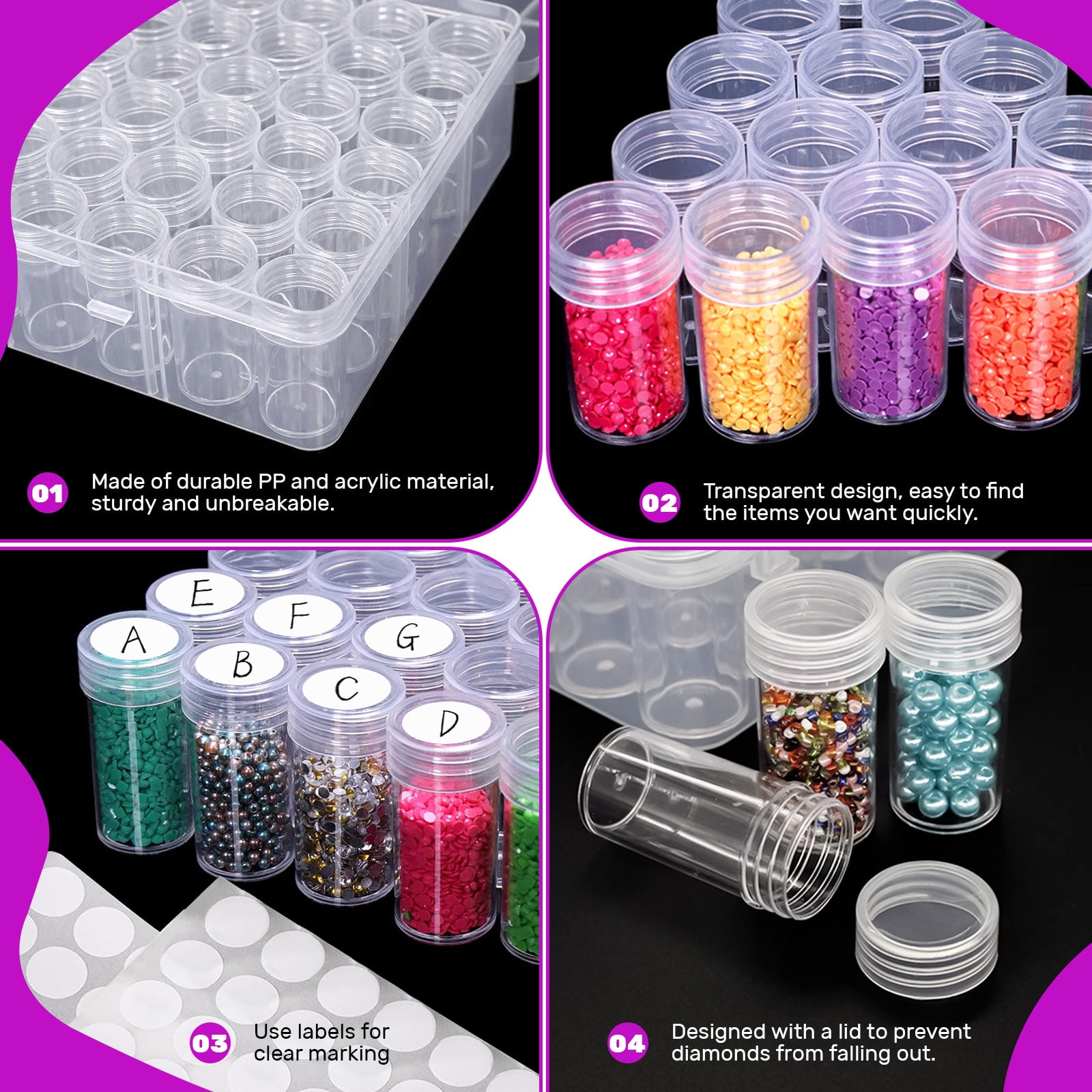 2 Pack 60 Grids Diamond Painting Storage Containers with Label Stickers, Clear Bead Storage Containers Box, Diamond Art Organizer Case for Drill Jewelry Craft Dots DIY Accessories