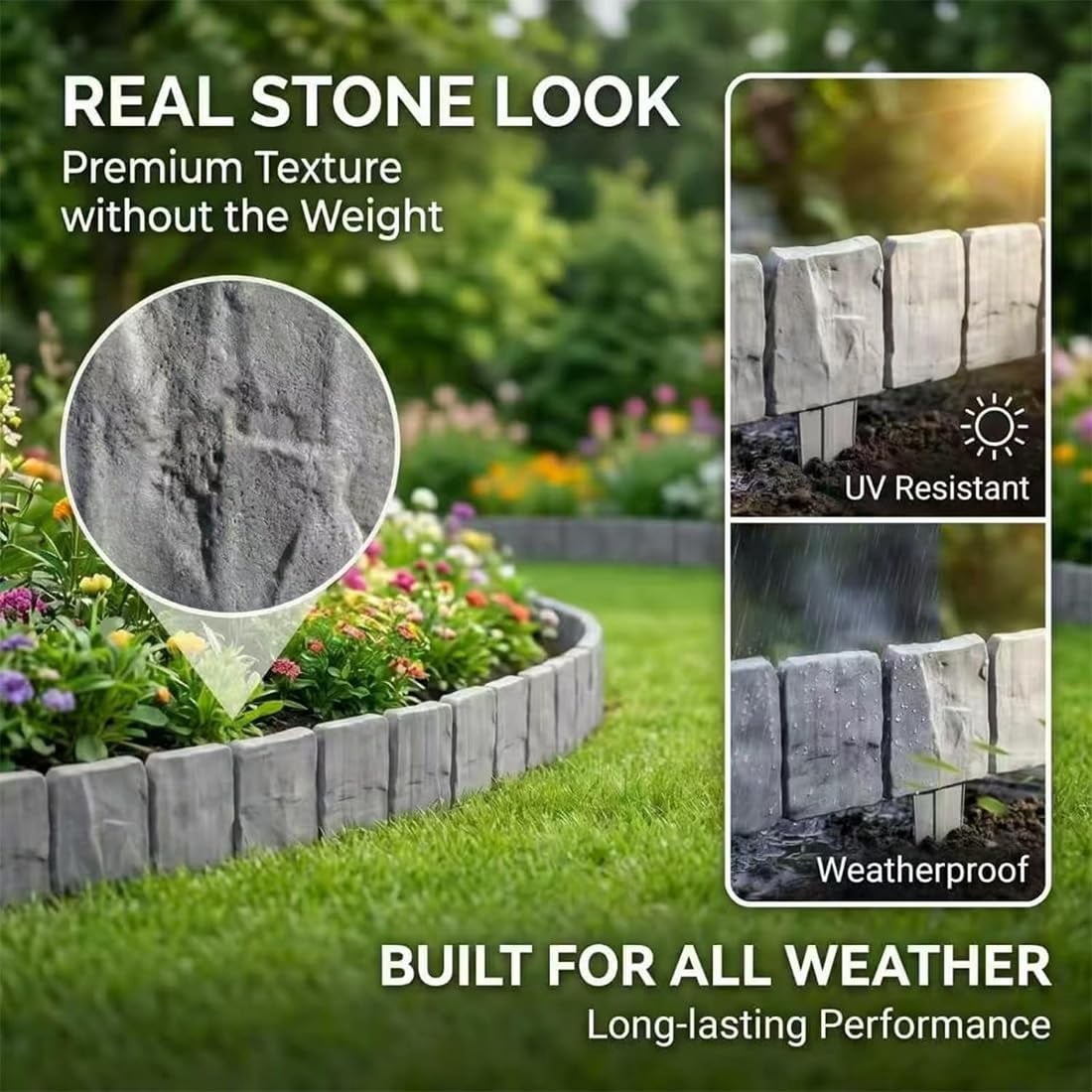 Plastic Garden Retaining Fence with Stakes, No Dig Plastic Garden Edging Border, Interlocking Imitation Stone Garden Fence with Shovel for Flower Bed, Outdoor Yard Patio