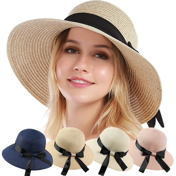 Womens Straw Hat with Ribbon Bowknot Decor Floppy Beach Cap Sun Hat for Women UPF 50 