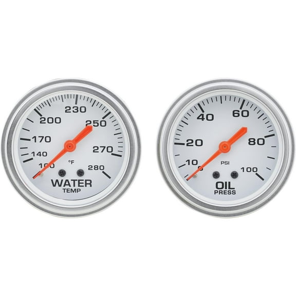 Speedway Motors 2-5/8 Inch Oil Press and Water Temp Gauge Kit, Backlit White Face, Universal Fit, Chrome Bezel, Black/Silver Bezel Options, 100° – 280° F Reading