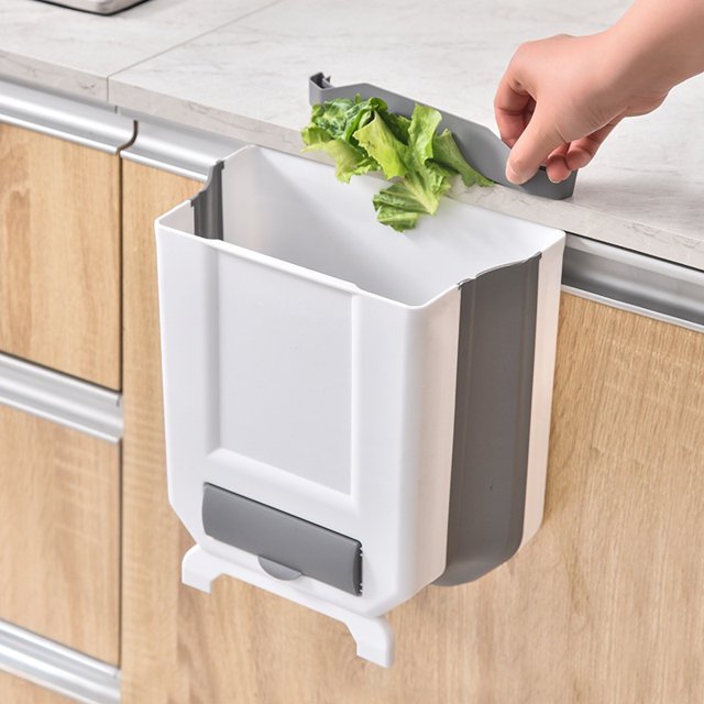 Bote de basura de cocina de plástico plegable blanco, bote de basura para colgar en puerta de armario montado en la pared, 8L