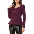thumbnail image 1 of INSPIRE CHIC Blouse à Encolure Carrée pour Femme, Boutons devant, Basque, Tricot, Manches Longues, Rouge Violacé, S, 1 of 5