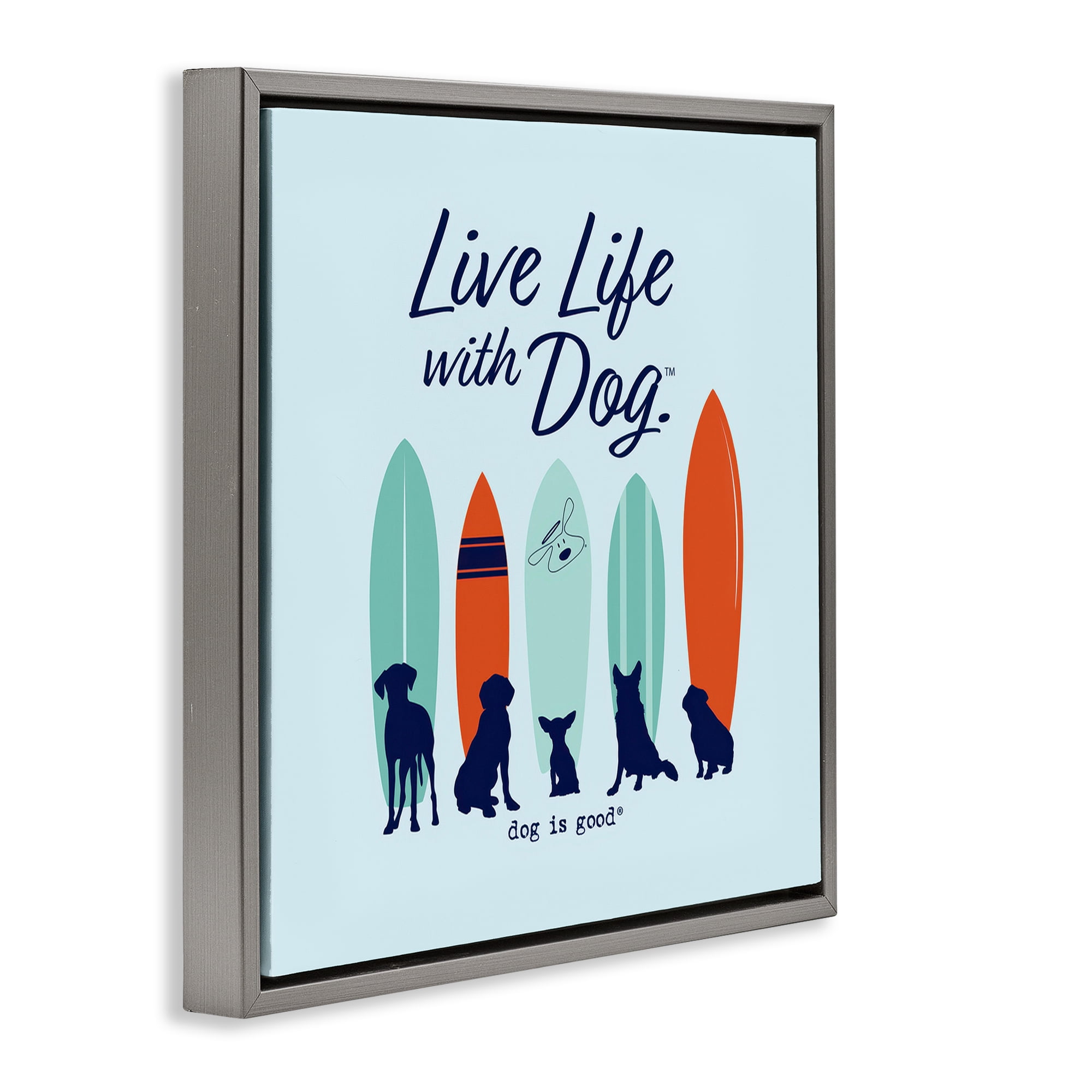 Stupell Industries Surfboards & Dogs Phrase Animals Painting Gray Floater Framed Canvas Art Print Wall Art, 25 x 25