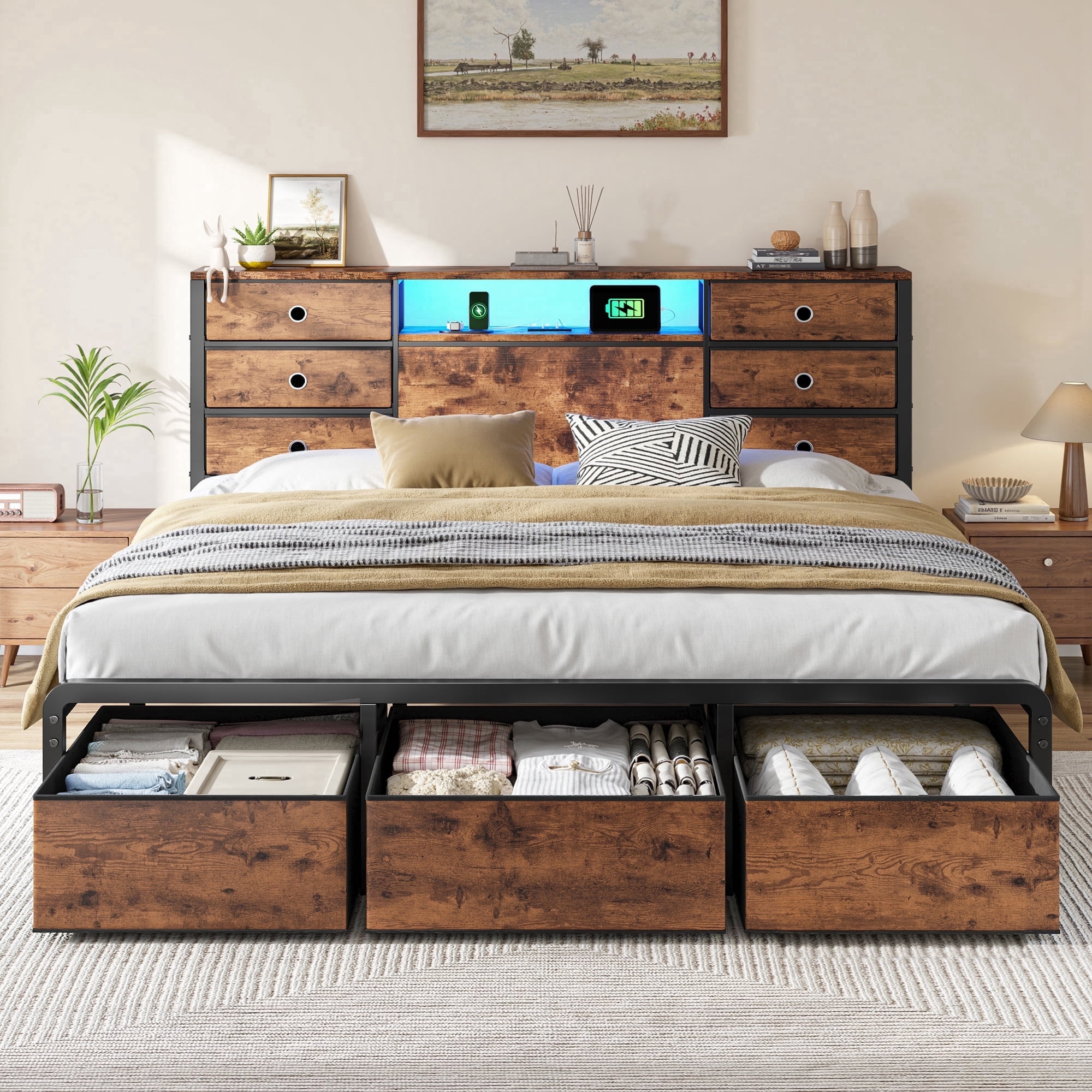 EnHomee Metal Bed Frame with 9 Storage Drawers Metal Bed Frame King with Headboard & LED Light & Charge Station,Rustic Brown