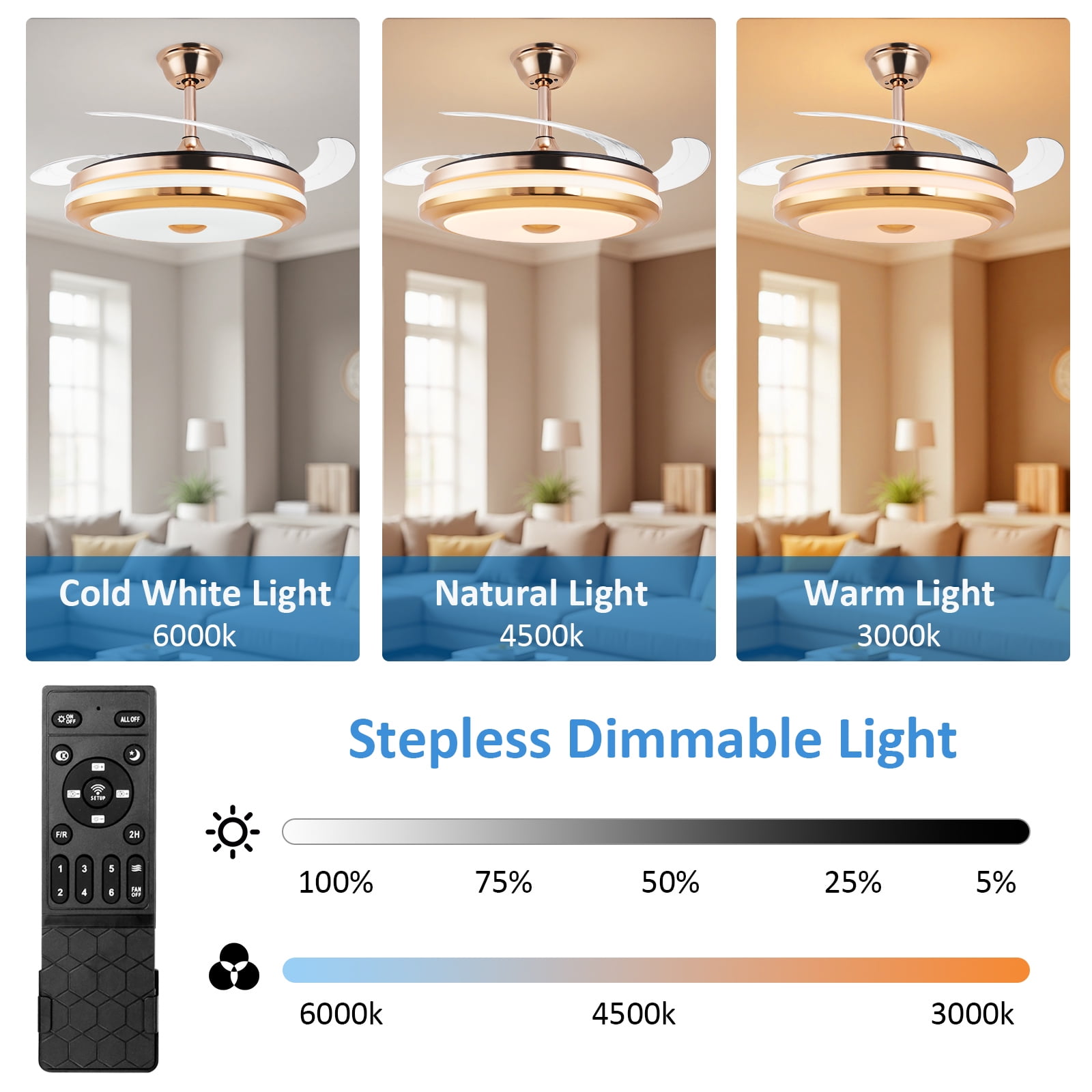Smart Retractable Ceiling Fan with Light, 42 Inch Fandelier Remote Control, 3 Color Temperature Dimmable LED, 6 Speed Quiet Reversible DC Motor for Bedroom Living Room Kitchen