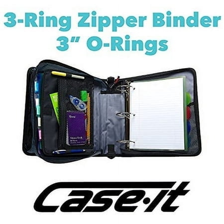 Case-it The Mighty Zip Tab 3 Inch Zipper Binder with 5 Pocket Expanding File Folder, Black