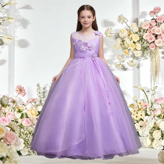SGFCWSX Girls Formal Pageant Dress Sleeveless Floral Applique Tulle Floor-Length Wedding Party Gown Purple Size 7-8 Years