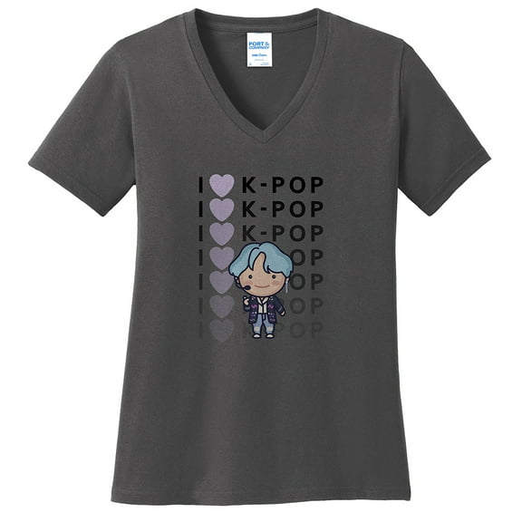 Big Size K Pop Love Graphic Design Lady's V-Neck - Charcoal XL