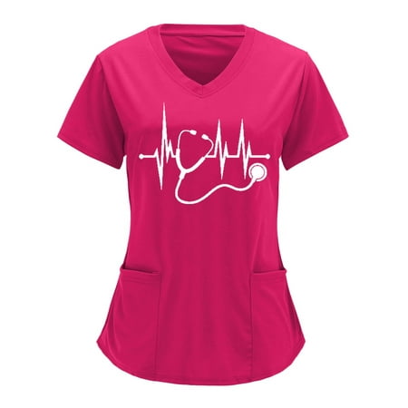 

Thanksgiving Scrub Tops Women Heart Printed Short Sleeve Casual V Neck Nurse Uniforms Workwear Scrubs with Pockets