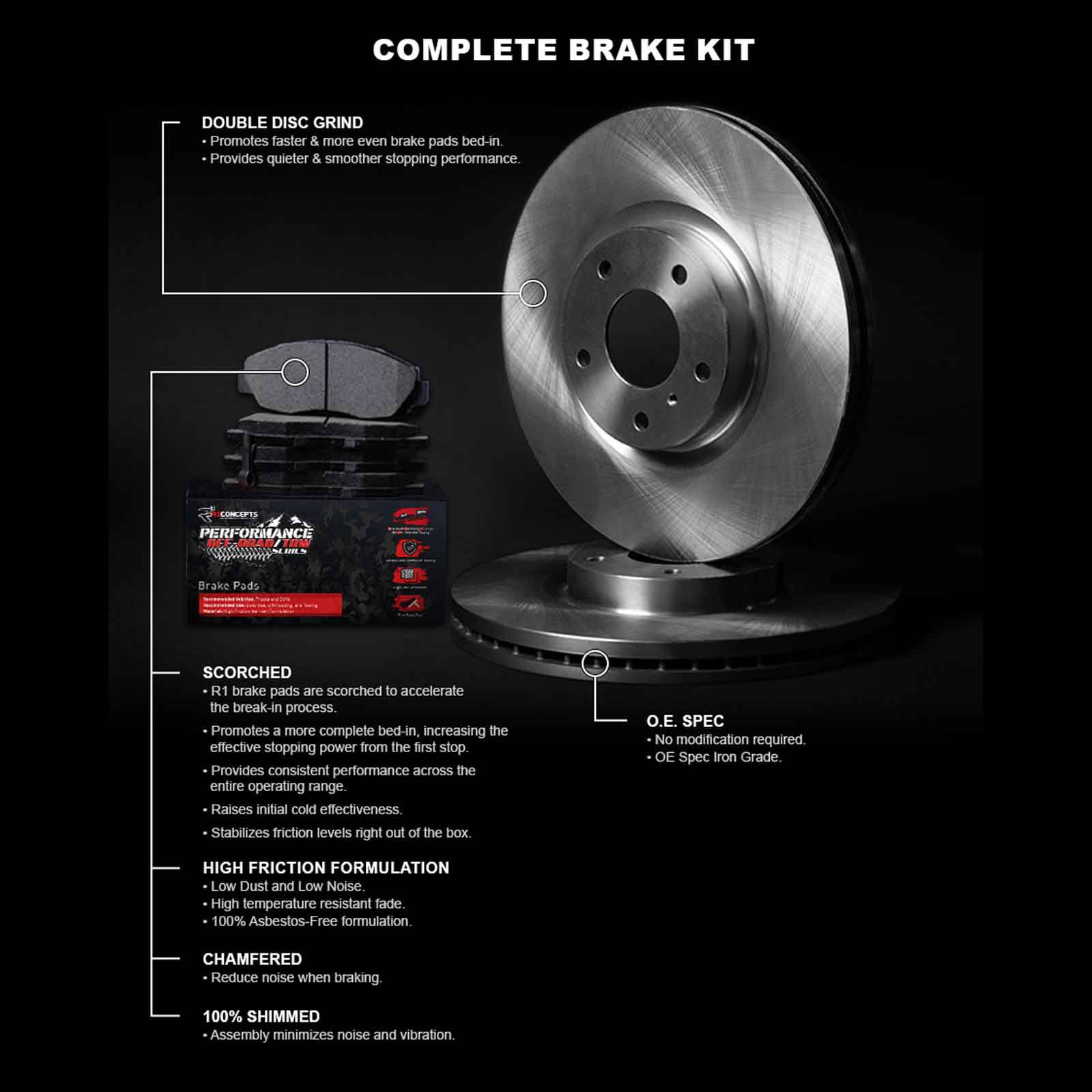R1 Concepts Front Brakes and Rotors Kit |Front Brake Pads| Brake Rotors and Pads| Performance Off-Road Brake Pads and Rotors WFVN1-54056