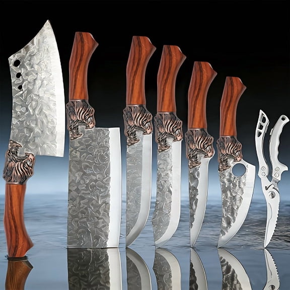 7-Piece Professional Stainless Steel Kitchen Knife Set, Food Safe Handcrafted Cooking Knives with Replaceable Blades, Multipurpose Cutlery Set for Home Kitchen Food Prep