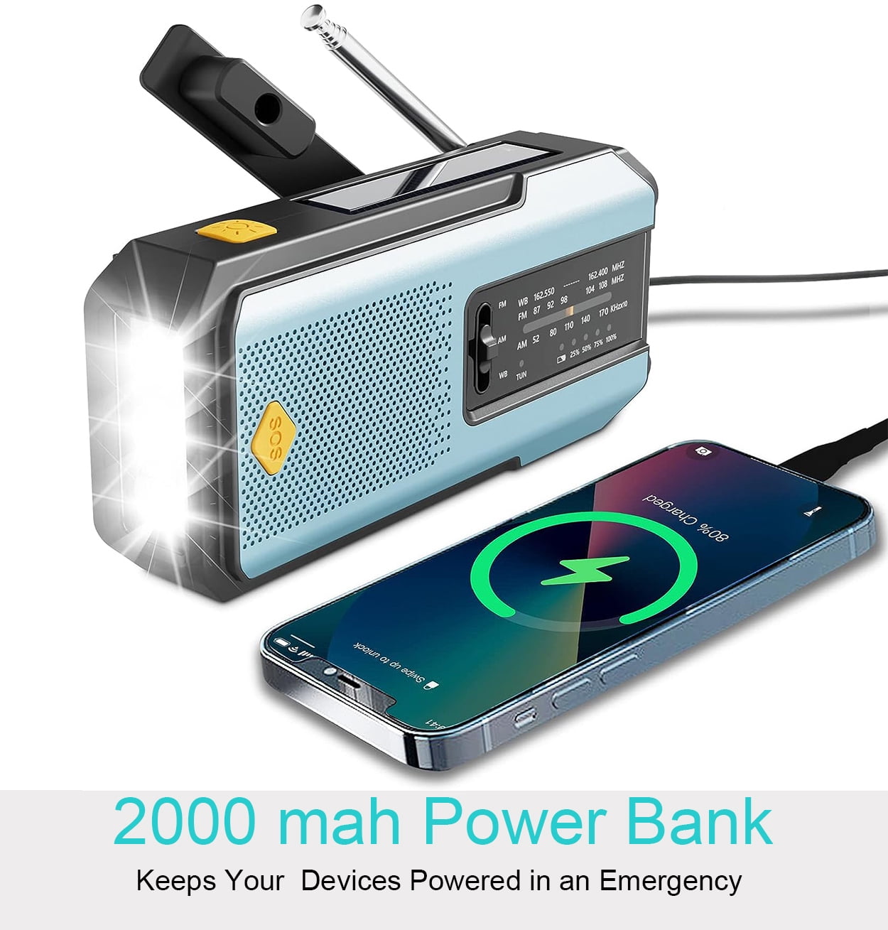 Daykit Portable Emergency Weather Radio, Hand Crank Radio Solar Powered with Battery Backup,AM/FM/NOAA, SOS Alarm,2000mAh Power Bank,LED Flashlight,USB Type-C for Outdoor Emergency