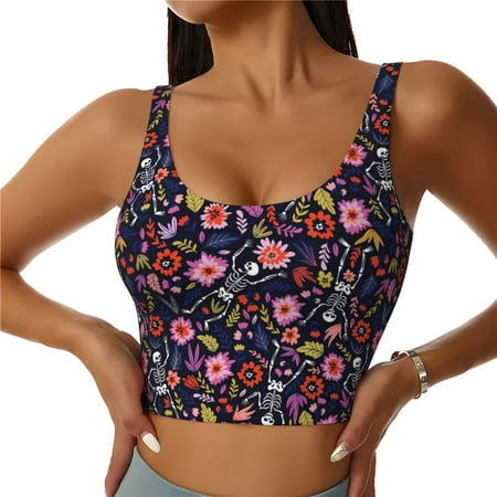 Jgfou Dancing Skeletons Floral Garden Print Womens Sports Bra - Padded Workout Sports Bras Crop Tank Top