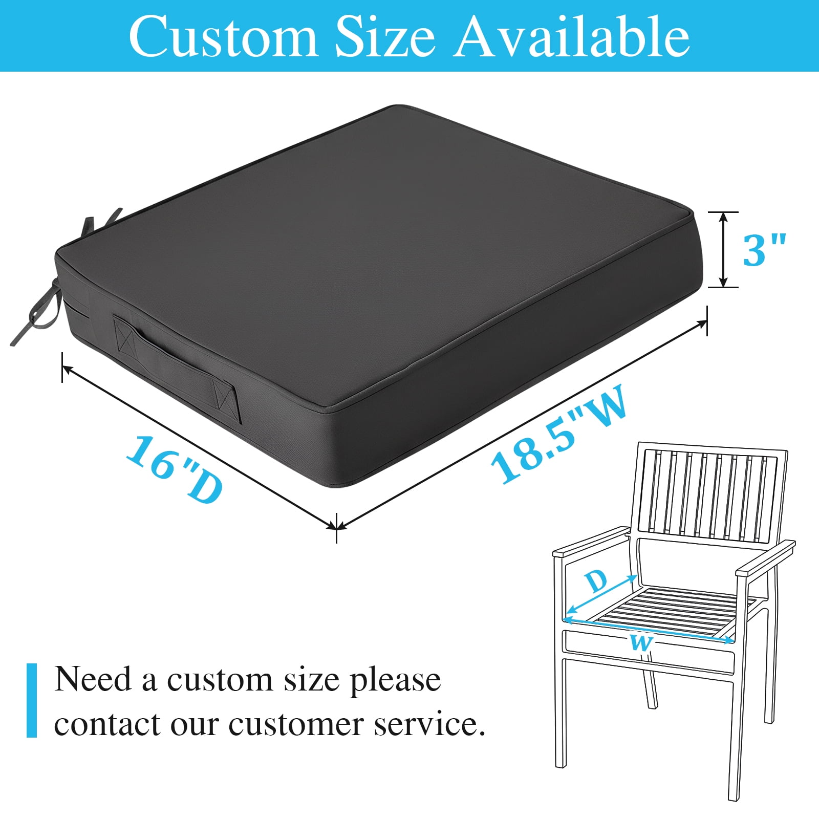 NAWAY 2pcs Outdoor Seat Cushions, 20" x 20" x 3" Water-resistant Outdoor Seat Pads with handle and Ties, Extra Thick Patio Chair Cushions for Patio Furniture - Dark Grey