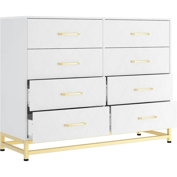 Garvee 8 Drawer Double Dresser for Bedroom, Wooden Chest of Dressers, Modern Wooden Dresser Chest with Golden Handles, Beside Table for Closet, Living Room and Entryway, White