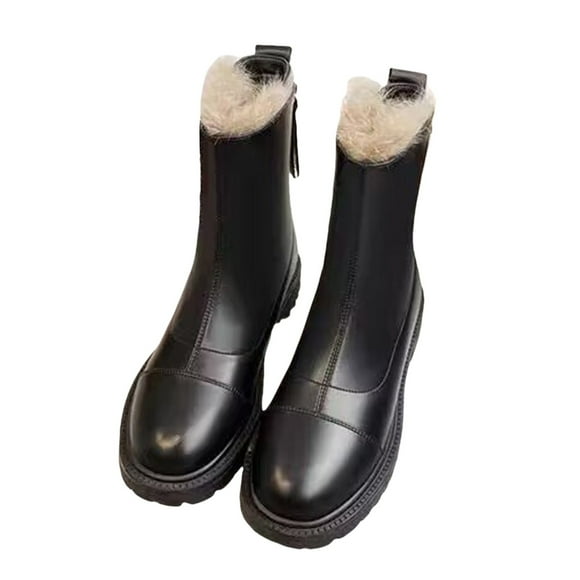 XIMIN Women's Chelsea Boots with Thick Sole - Slip-On Fur Lined Winter Warm Fleece-Lined Boots Lug Sole Combat Mid Calf Slip On Chunky Ankle Booties Casual Style