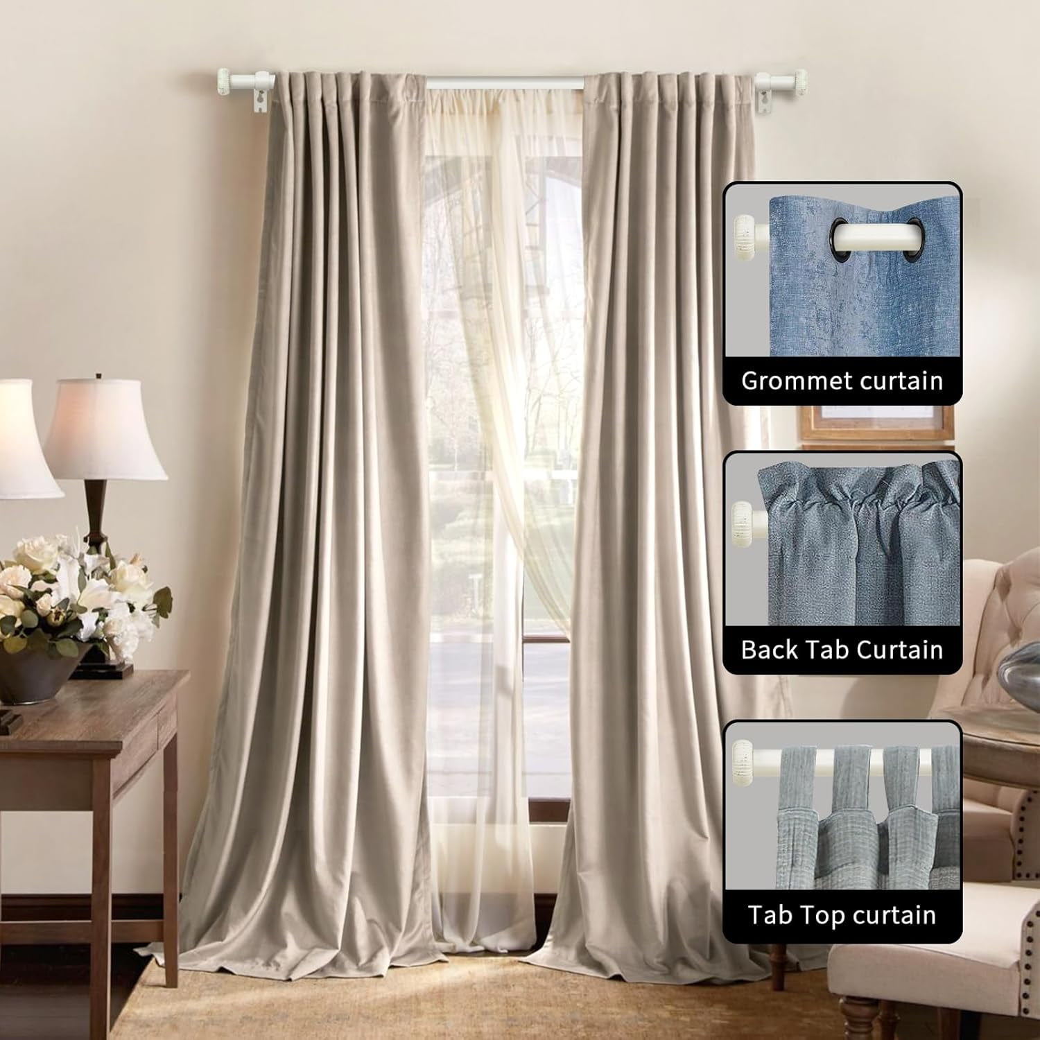 eTeckram 5/8" Double Curtain Rod with Adette Finials,Weathered White,28‘’-48‘’