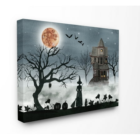 Led Halloween Wall Art The Stupell Home Decor Collection Halloween Witch Silhouette in Full Moon Haunted House Scene Stretched Canvas Wall Art, 16 x 1.5 x 20 ()