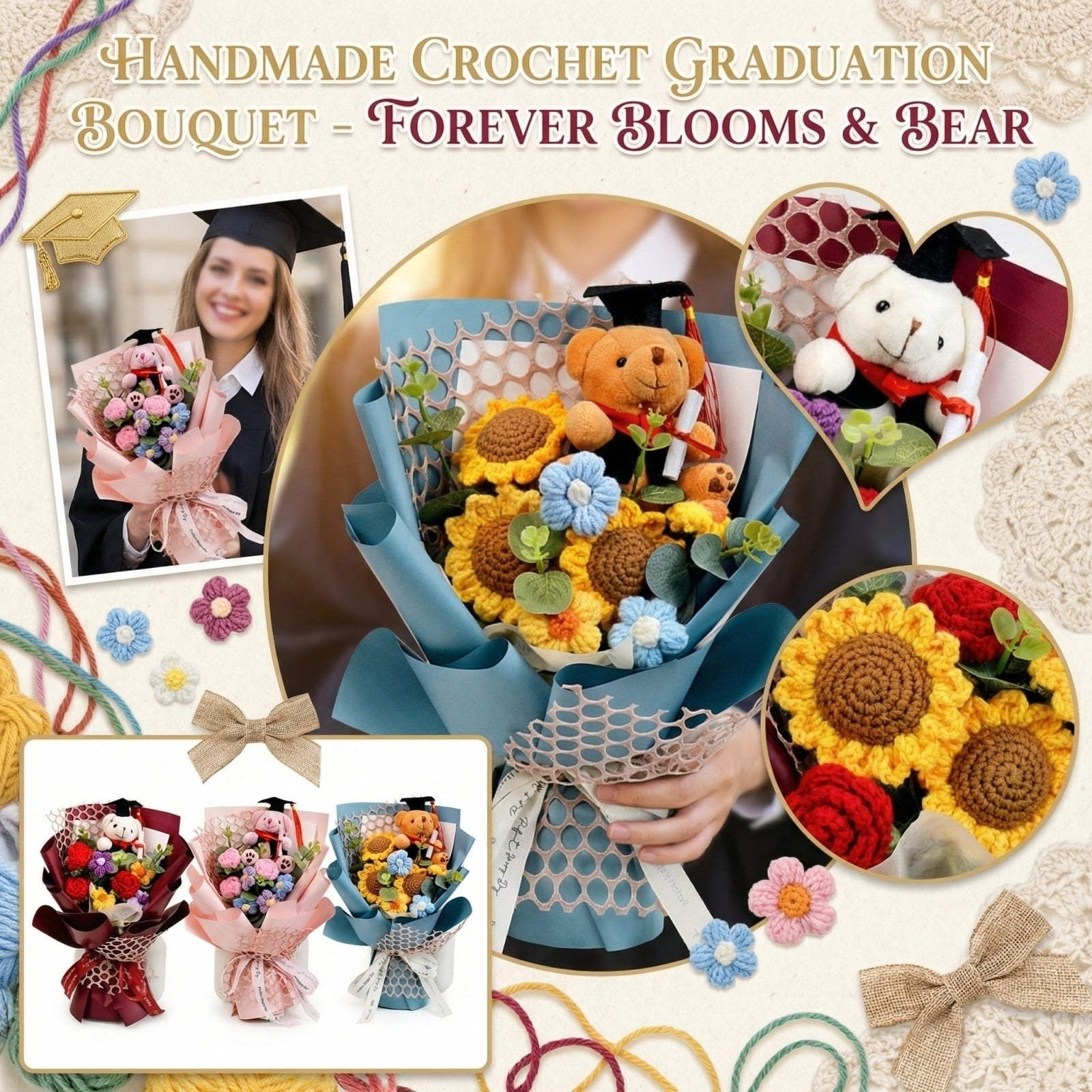 Handmade Crochet Graduation Bouquet Light Blue With Graduation Doctor Bear Crochet Sunflower For Graduate Gift 1 Pack