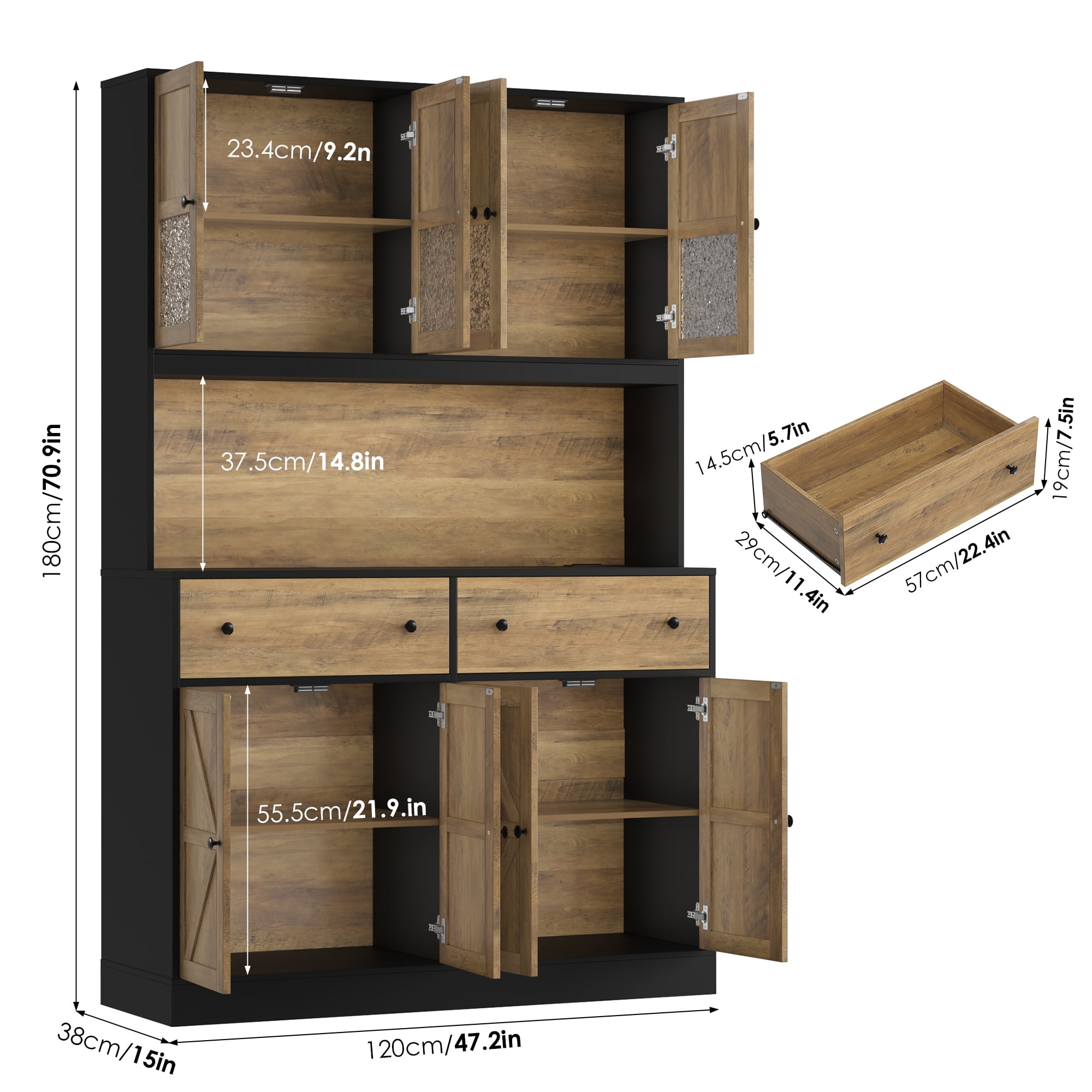 Homfa 71" Tall Kitchen Pantry Cabinet with LED Lights & Charging Station, MDF Freestanding Storage Cupboard with 8 Doors 2 Drawers, Buffet Cabinet with Storage for Dining Living Room, Black & Oak