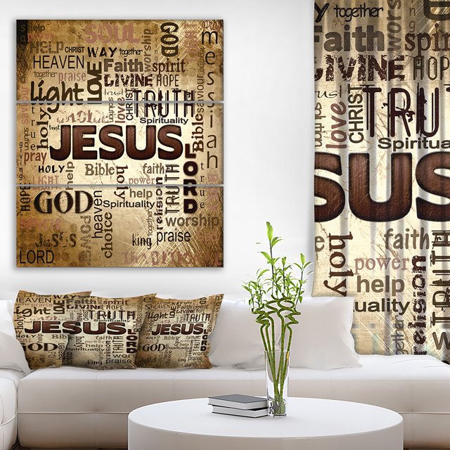 Designart - Jesus' word cloud in grunge background - Religious Contemporary on Wrapped Canvas set
