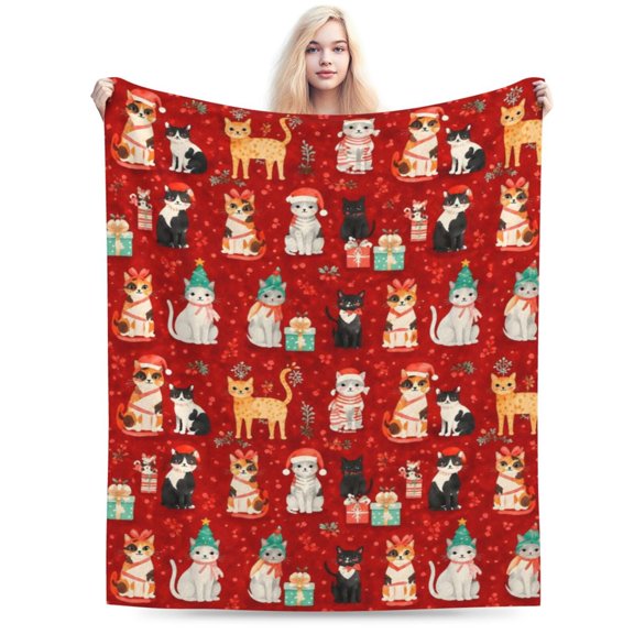 Christmas Cat Pattern Blanket Cute Holiday Throw Blanket Cozy Soft Home Decor Gift for Cat Lovers Family 50x40