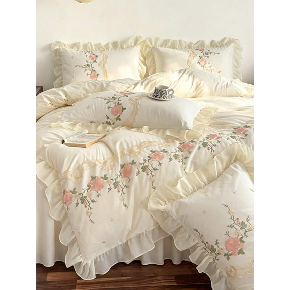 White Floral Embroidery Lace Ruffle Duvet Cover Set - French Style