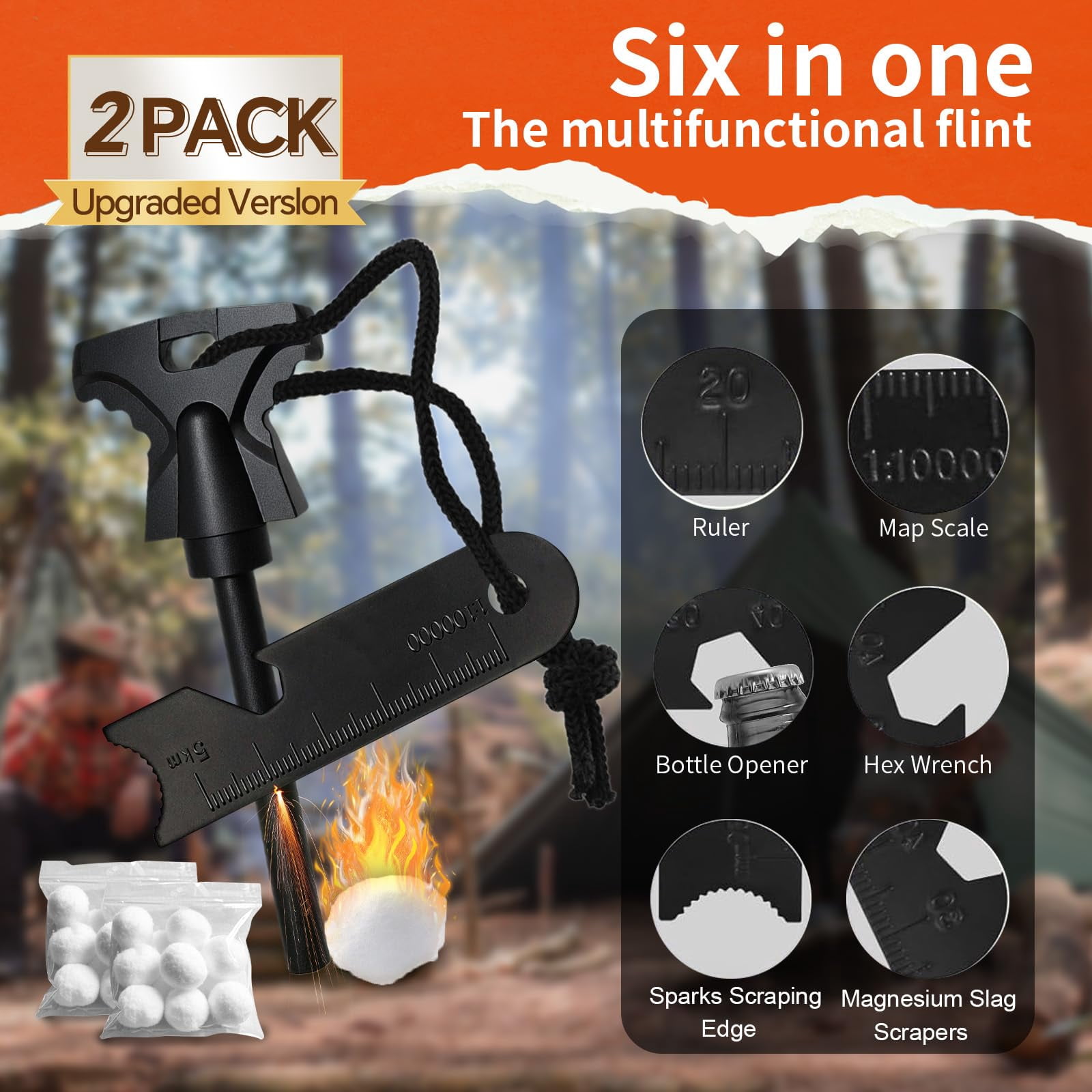 2 Pack Magnesium Fire Starter with Striker Ferro Rod Fire Starter Survival Tool High Temp Magnesium Rod with 20 Waterproof Tinder Packs Steel Fire Starter for Camping Hiking Emergency
