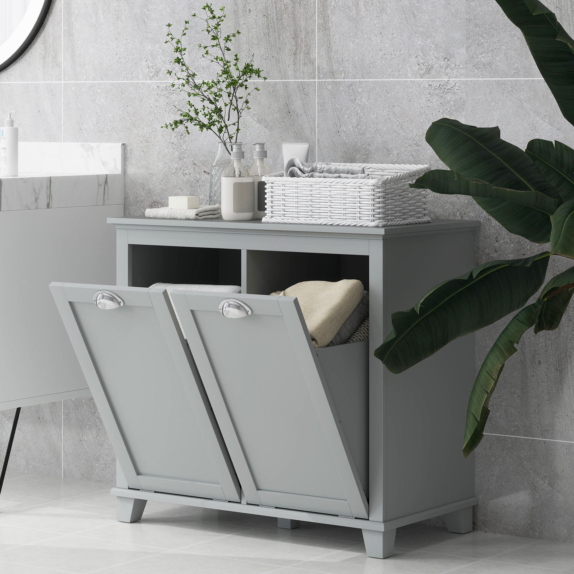 HOMCOM Tilt-Out Laundry Sorter Cabinet, Bathroom Storage Organizer with Two-Compartment Tilt-Out Hamper, Gray