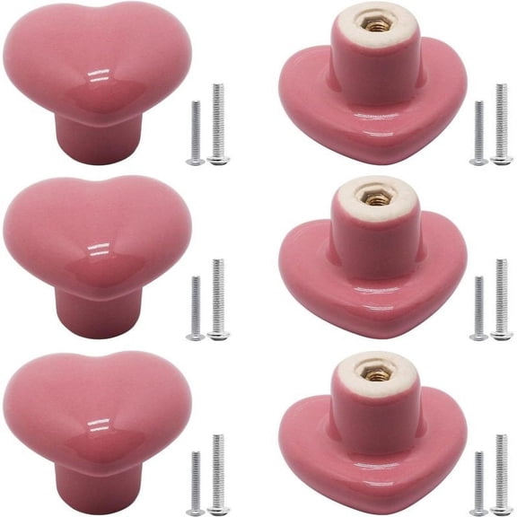 6 Pcs Pink Ceramic Cabinet Knobs, Heart Shaped Drawer Knobs Kitchen Cabinet Dresser Pulls Handles, Decorative Cabinet Door Knobs