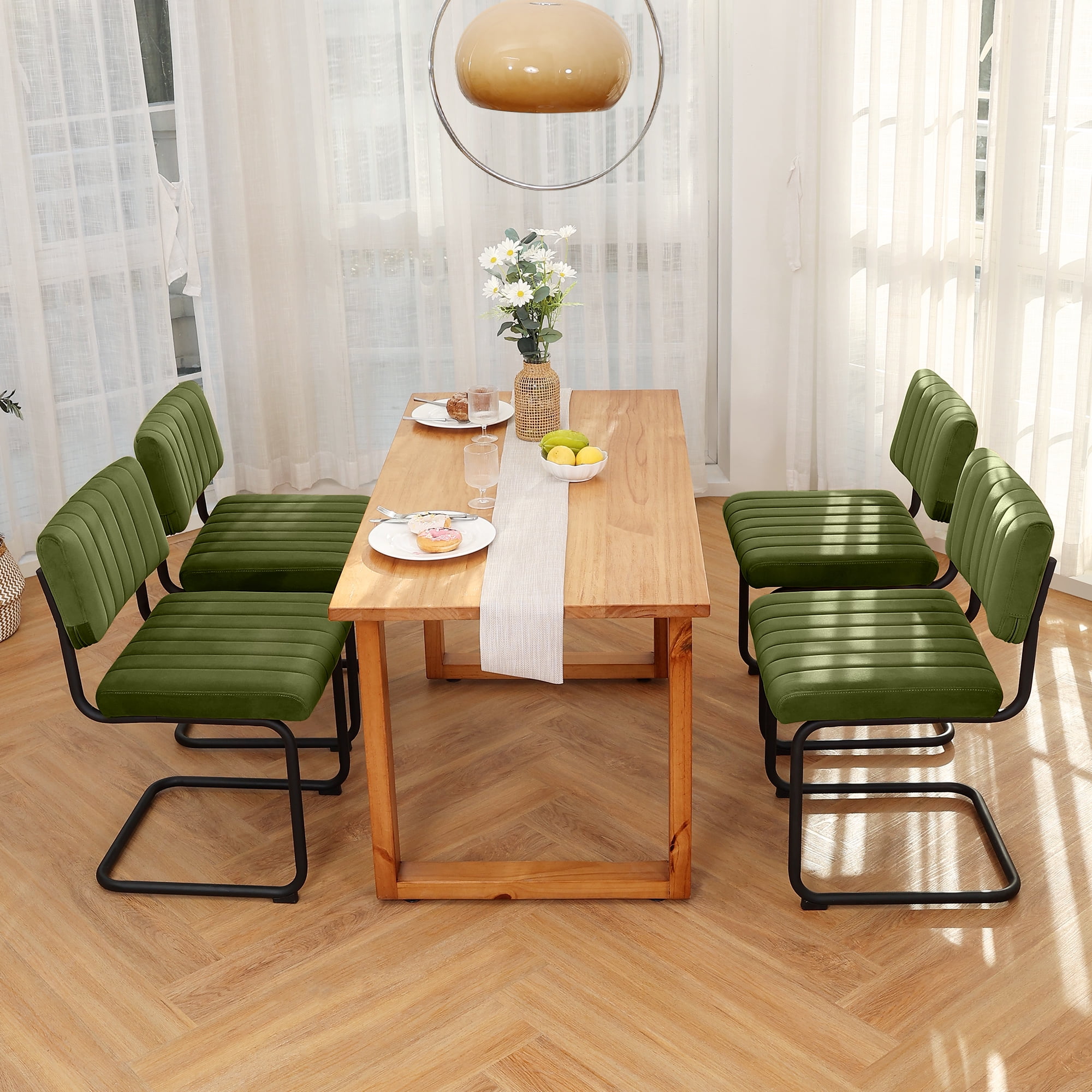 Zesthouse Mid Century Modern Dining Chairs Set of 2, Velvet Upholstered Dining Room Chairs with Metal Legs, Tufted Channel Kitchen Chairs for Dining Living Room, Green