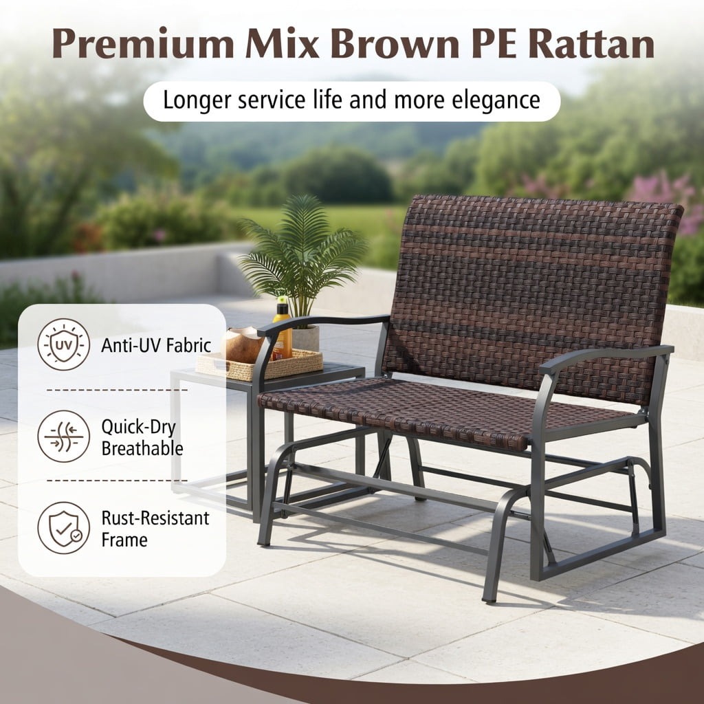 Hommoo 4-Piece All-Weather Wicker Patio Glider Set with Tempered Glass Coffee Table, PE Rattan Loveseat & Single Glider, Outdoor Swing Furniture for Backyard, Poolside & Porch, Brown