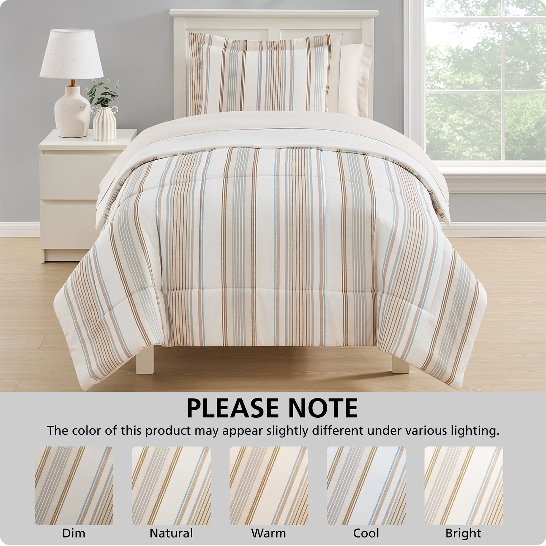 Mainstays All in One Reversible Comforter and Sheet set- 5 Piece, Twin, Beige Stripe