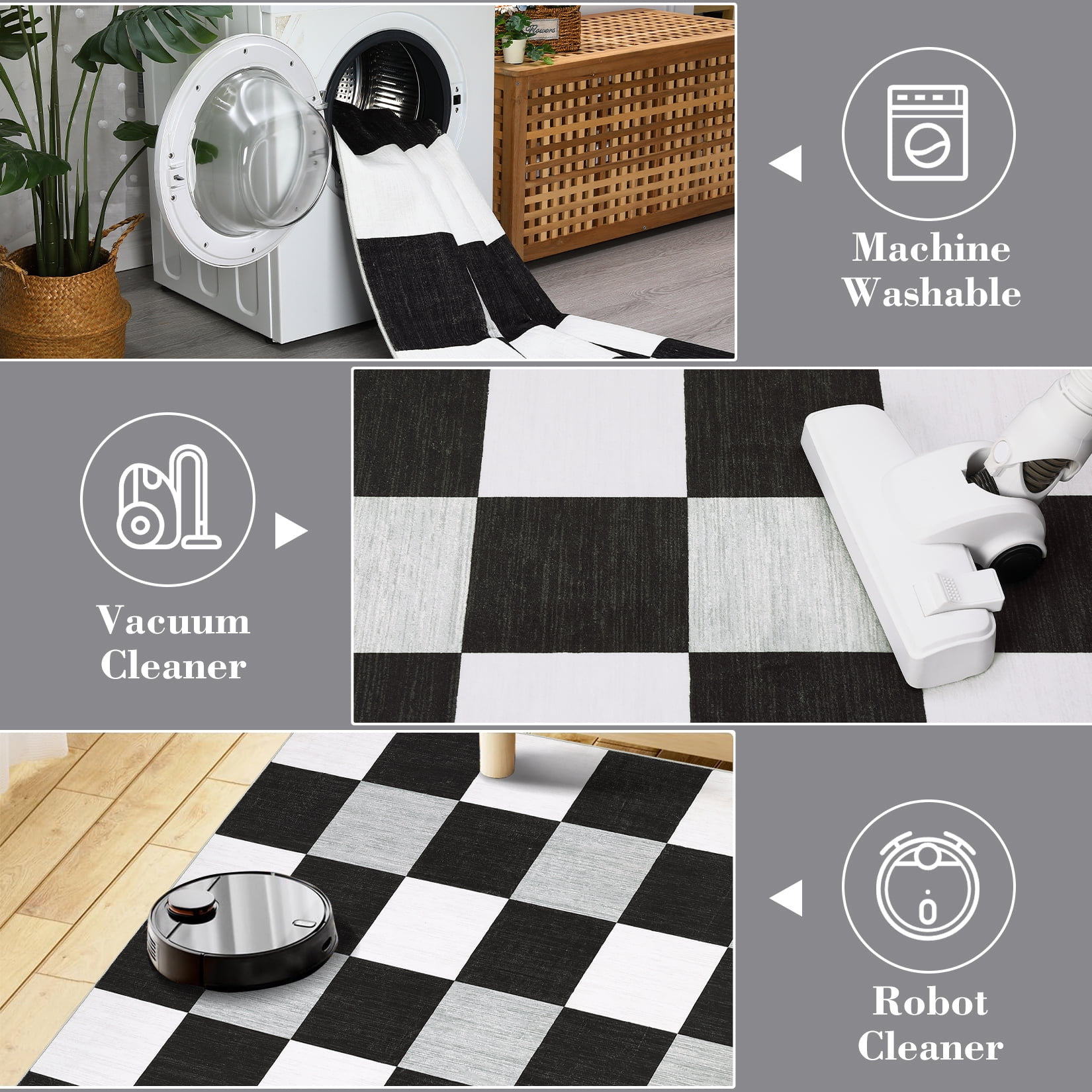 Garvee 9' x 12' Checkered Area Rug Washable Rugs Modern Geometric Rug Indoor Soft Foldable Accent Carpet for Living Room Bedroom, Black