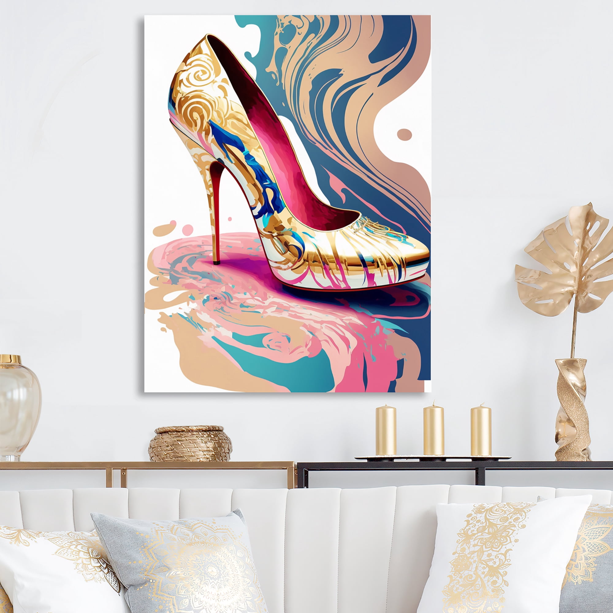 Designart Pink And Blue Art Deco High Heel Shoes IV Canvas Wall Art