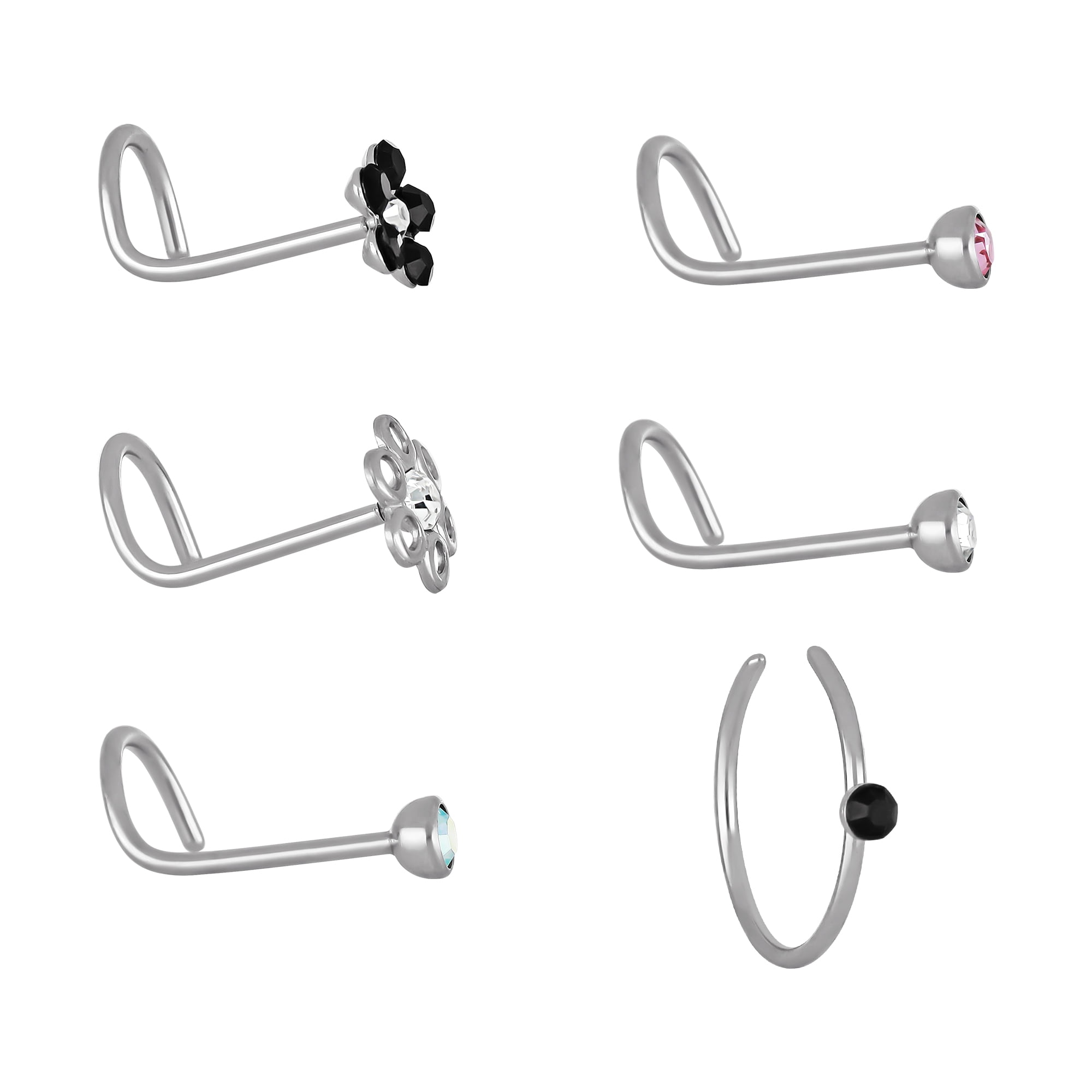 Adult Women's Stainless Steel 22G Multi Shape Crystal Stud Nose Rings, 6 Pack