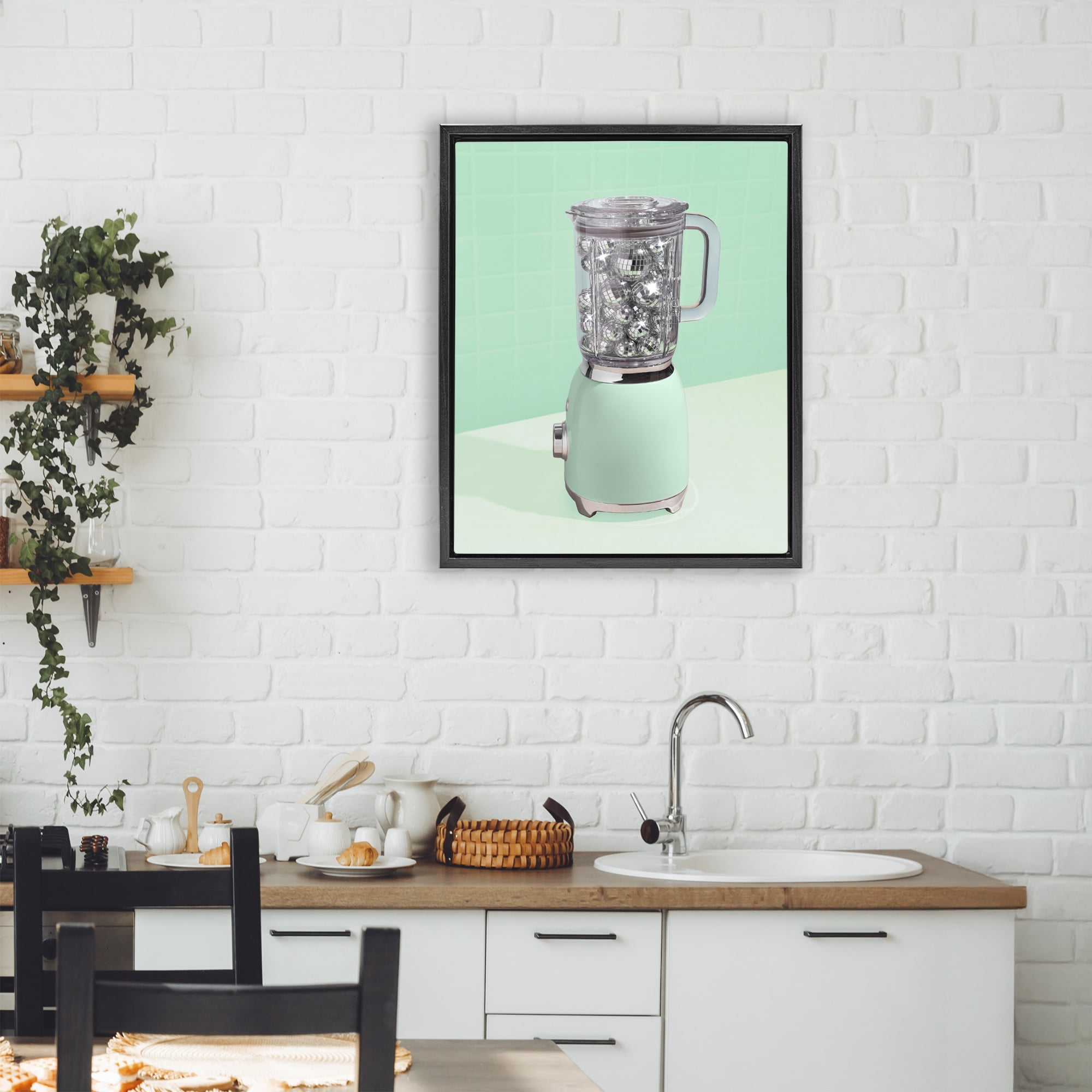 Stupell Industries Disco Drink Blender over Green Black Framed Floater Canvas Wall Art, design by LISH Creative