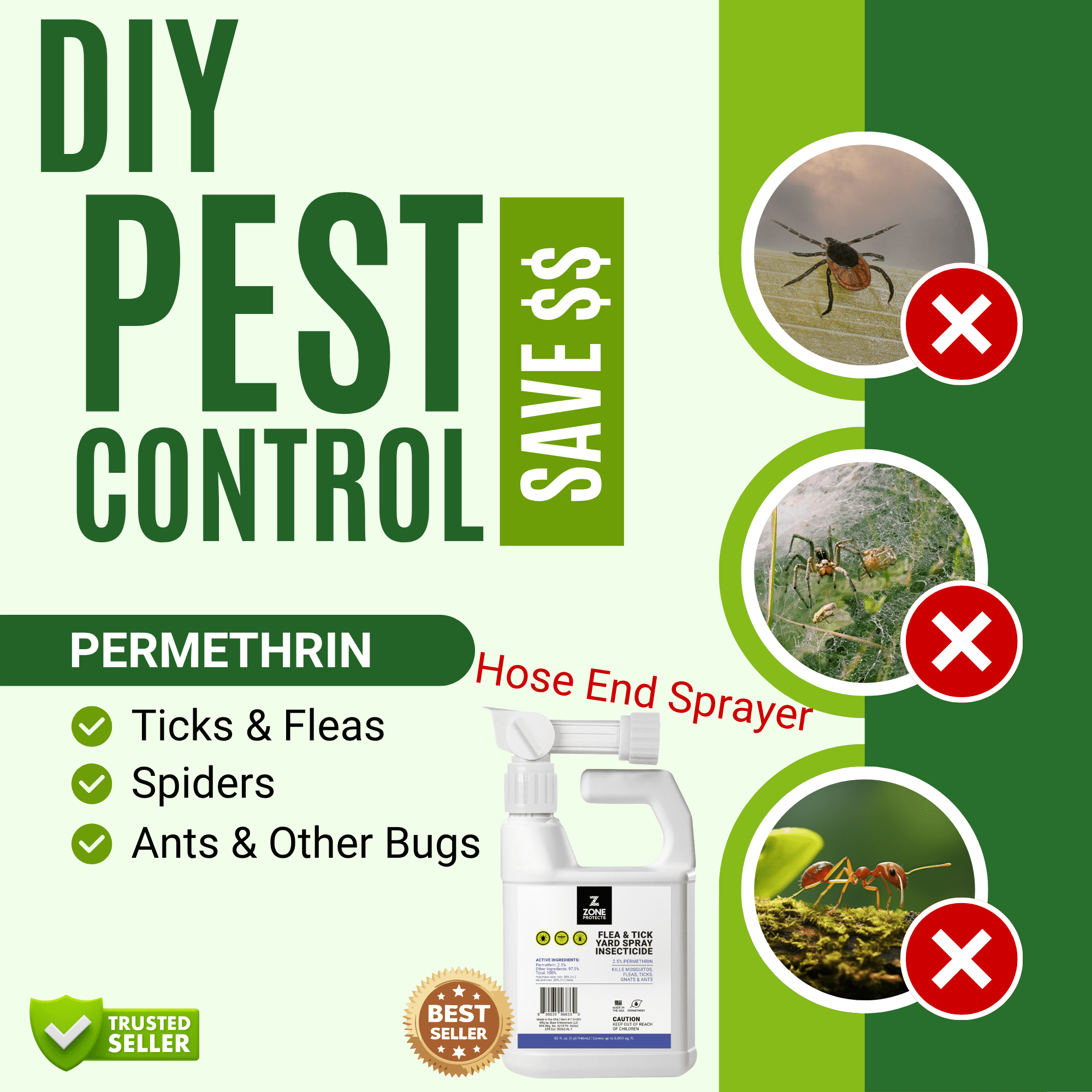 Zone Protects Flea and Tick Yard Spray Insecticide w/ Permethrin; Hose End Sprayer Covers 10,000 sq.ft.