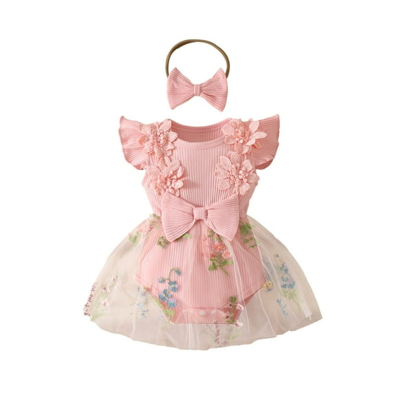 Girls Romper Romper Dress Fly Sleeve Flower Embroidery Mesh Tlle Skirt Hem Ribbed Newborn Onesies Red 0 Months-3 Months