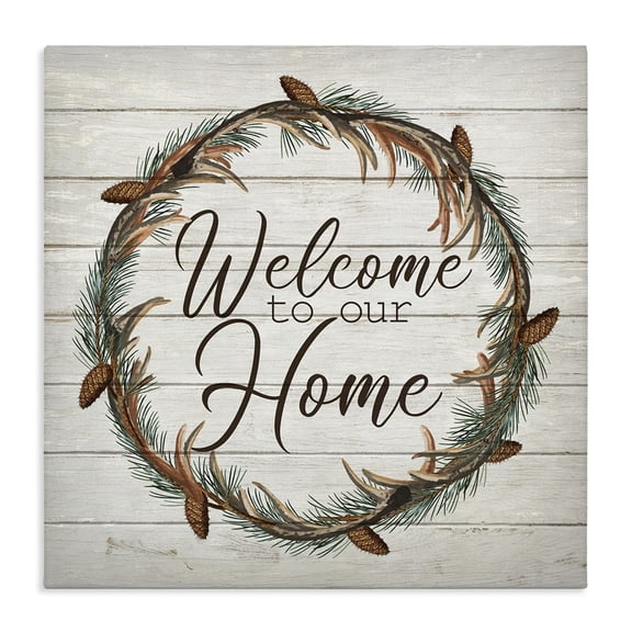 Stupell Industries Rustic Lodge Welcome Home Wreath Words On Wood Texture Design Canvas Art, 24 x 24, by Lauren Gibbons